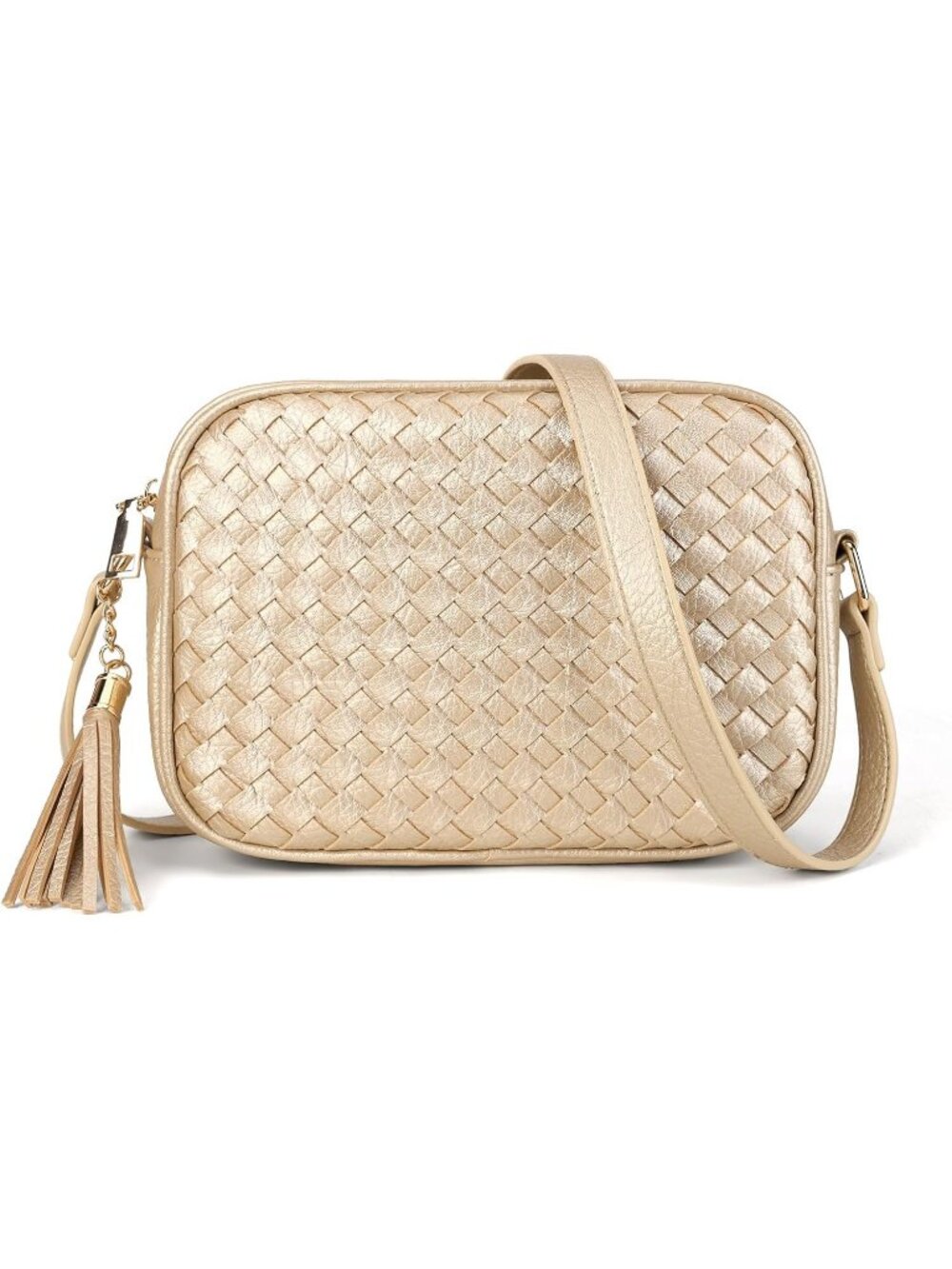 Women's Champagne Woven Small Boho Purse Vegan Zipper Leather Crossbody Bag